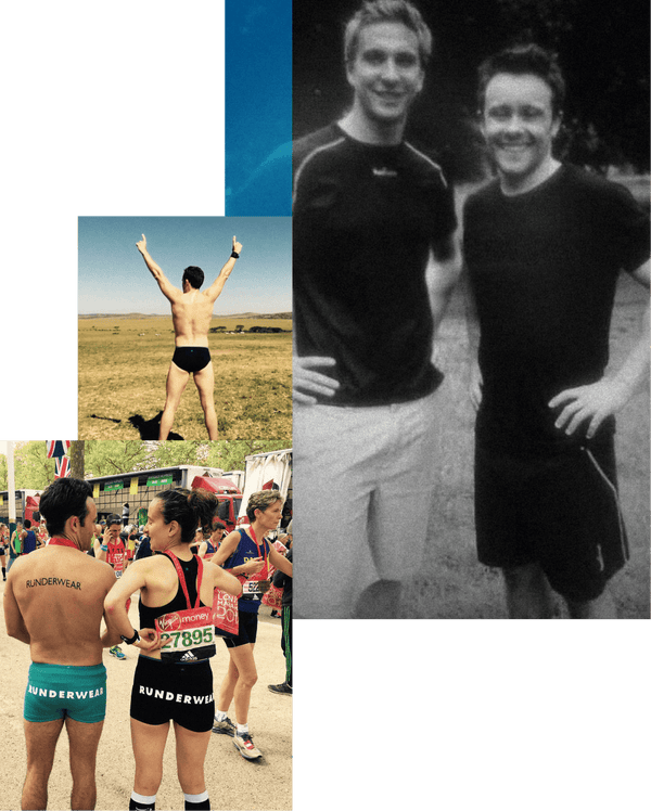 A collage of three images: one of two men stnding facing the camera side by side, one of a man in only pants facing away from the camera with his hands in the air, and the thir is of a man and woman facing away from the camerawith the words runderwear printed on their runderwear