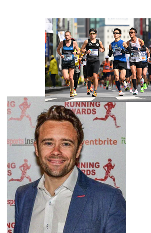 A two picture collage, the top image is of 5 people posing with their hands up for the camera, the second is of two men posing at the running awards